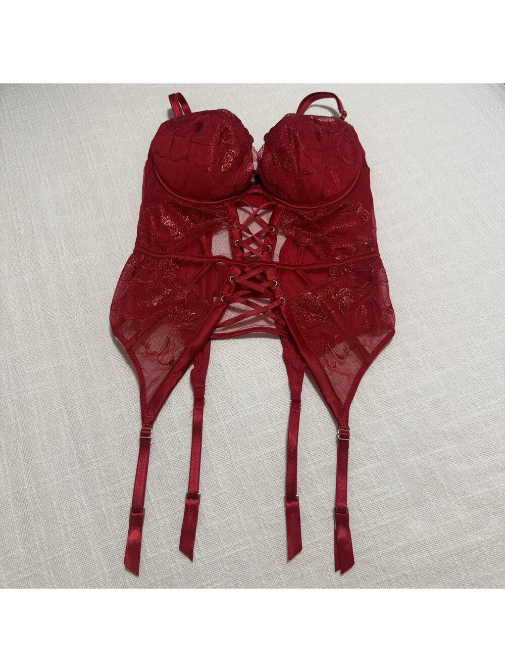 Ann Summers The Bombshell Red Lace Padded Basque Bustier Garter Straps Sz 6 A-B